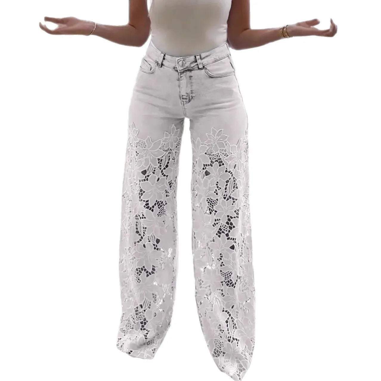 Women's Spring Summer Fashion Hollow Out Lace Splicing Denim Drape Pants Full Length Trousers