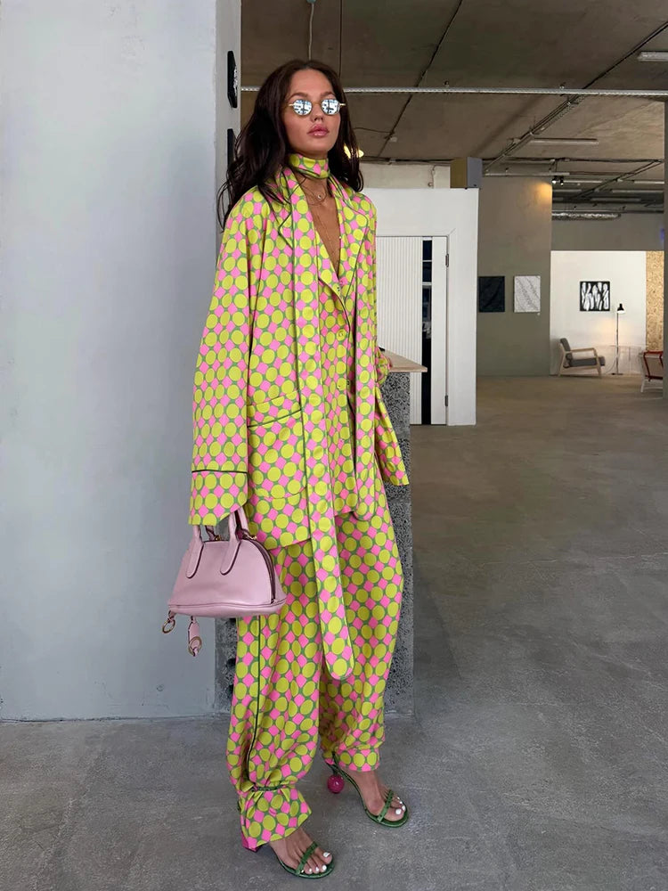 Geometric Printed Wide Leg Loose Pants Set for Women