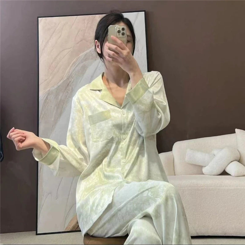 Flowers Twill Print Classy Women's Pajamas Spring Autumn Two-piece Sets Long Female Lounges Simulated Silk 2024 New Y2k Homewear