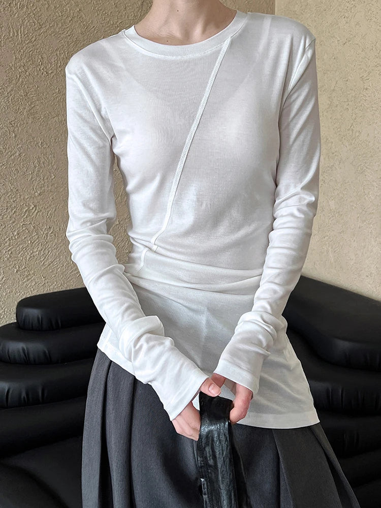[EAM] Women Gray Thin Perspective Slim Irregular T-shirt New Round Neck Long Sleeve Fashion Tide Spring Autumn 2025 1DH9981