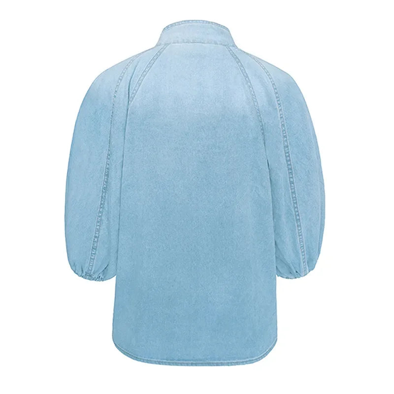 Denim Turtleneck Puff Sleeve Top