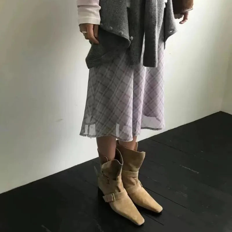 Vintage Suede Square Heel Boots
