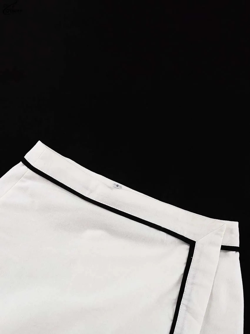 Oymimi Fashion White Cotton Two Piece Outfits Woman Elegant O-Neck Patchwork Short Sleeve Open Back Tops And Straight Skirts Set