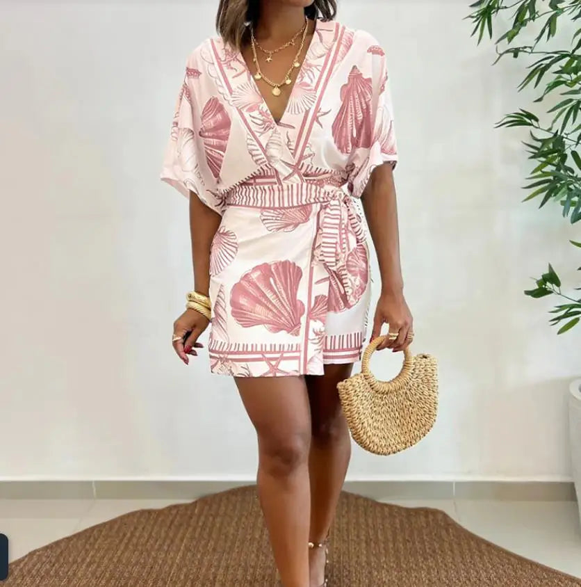 Seashell Starfish Print Wrap V Neck Short Sleeve Lace Up Romper for Women