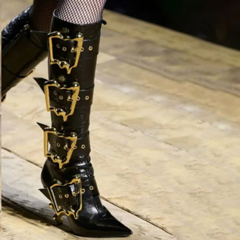 Shiny Metal Belt Buckle Side Zip Knee-High Boots for Women
