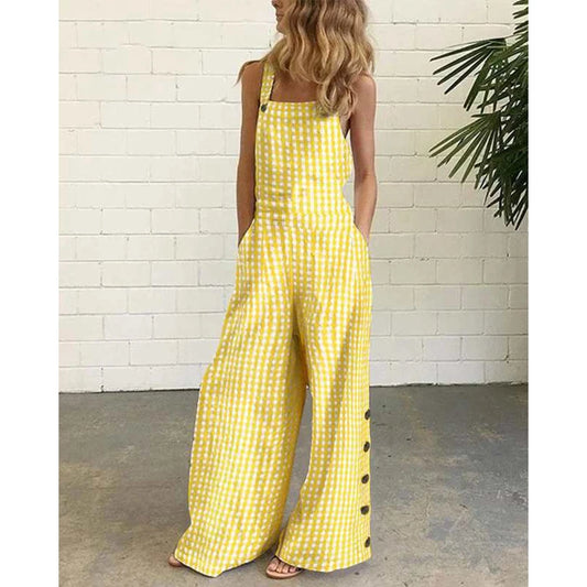 Women All Over Plaid Print Suspender Jumpsuit Summer Buttoned Wide Leg Elegant Jumpsuit Casual One Piece Party Overalls Clothing