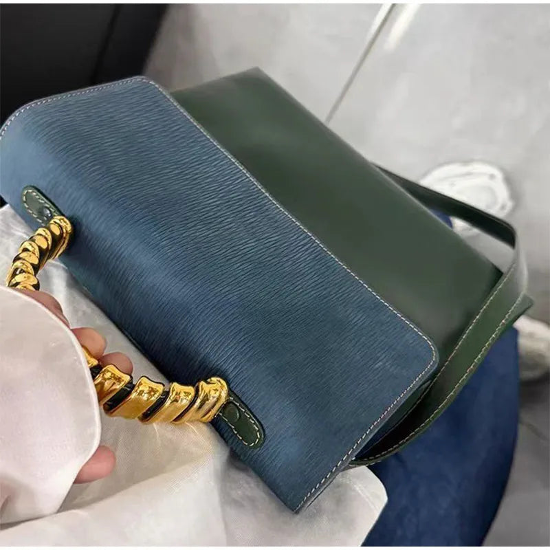 Brand Designer Small Square Bag Elegant Blue Green Stitching Fashion Trend Personality Texture Shoulder Bag Pu Leather Handbag