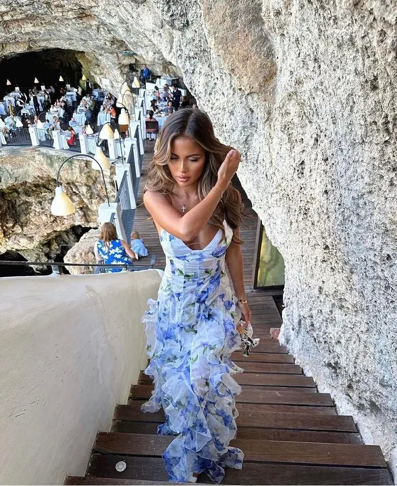 Boho Floral Ruffles Sleeveless Maxi Dress for Women