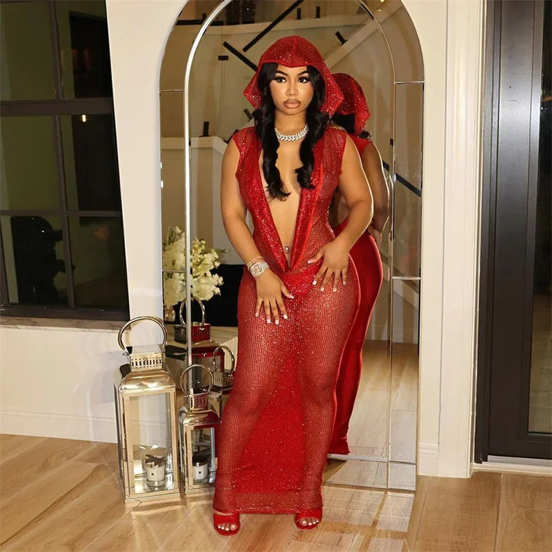 Sequined Mesh Sleeveless Deep V Neck Hooded Maxi Dress for Women