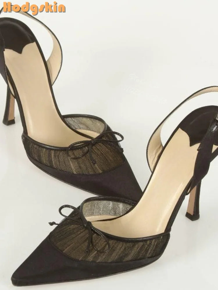 Butterfly Knot Satin Pointed Toe Pumps With Thin Heels for Women