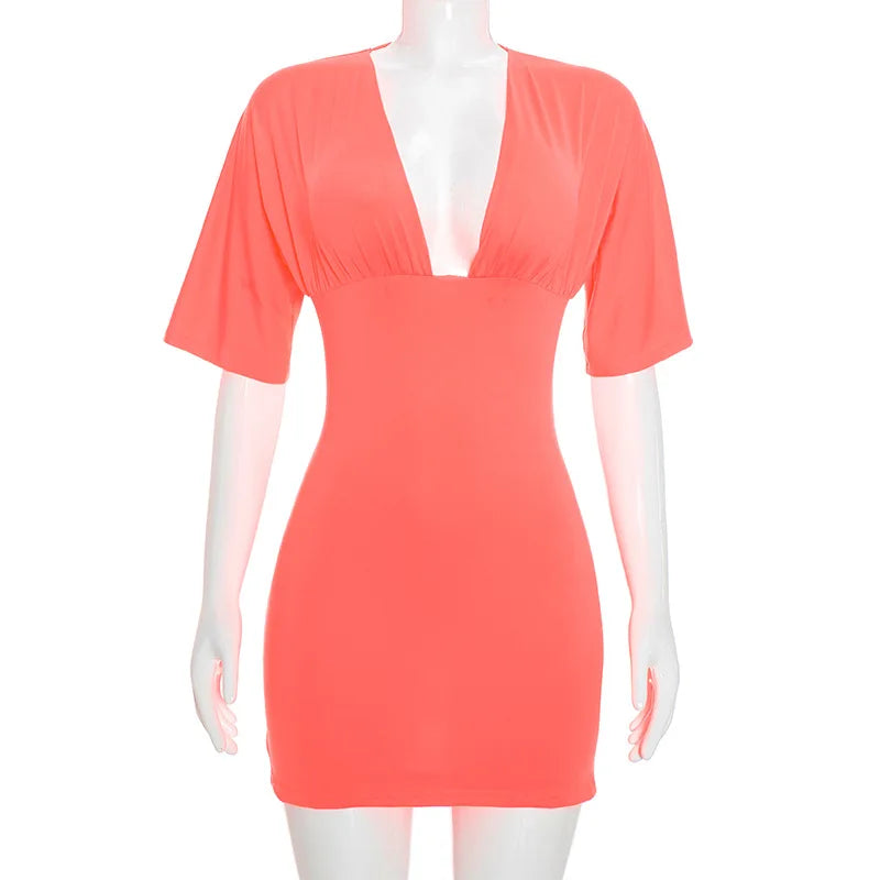 Blue V-Neck Short Sleeve Stretch Mini Dress for Women