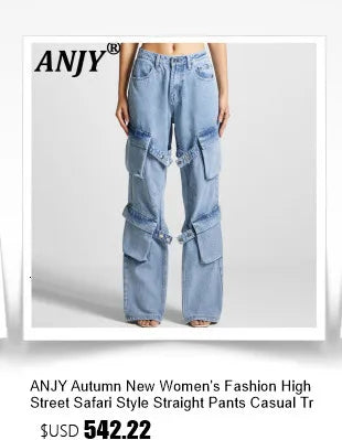 ANJY Spring Autumn New Women Streetwear Fashion Buttons Slit Striped Color Block Jeans Stylish Loose Wide-Leg Denim Pants A23331