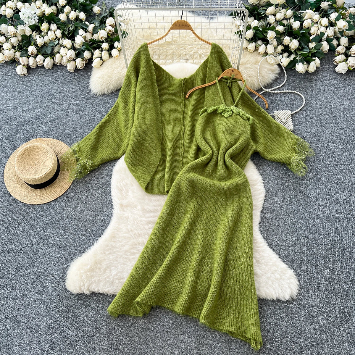 Lace Trim Knit Cardigan and Floral Halter Dress Set for Women