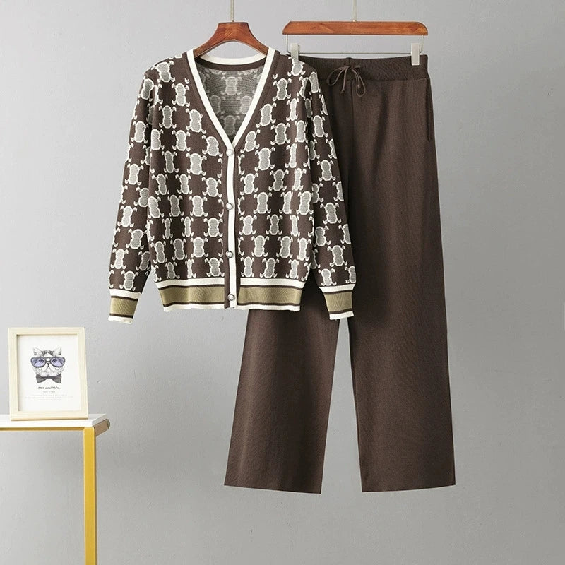 V-Neck Printed Knit Sweater and Pants Set for Women