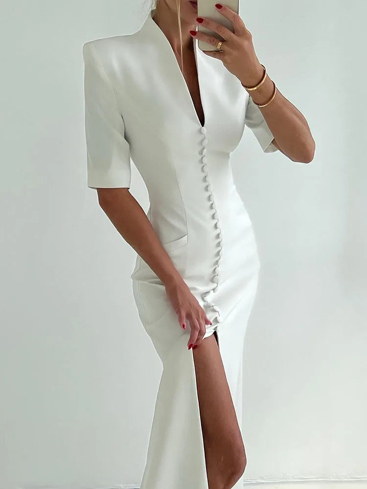 New Fashion Evening Gowns White Elegant Skinny Split Dress Woman Stand Collar Short Sleeve Single Breasted Shoulder Pad Vestidos