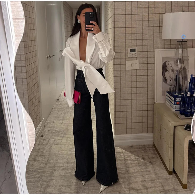 Elegant Bow Detail Pleated Long Sleeve V Neck Blouse for Women