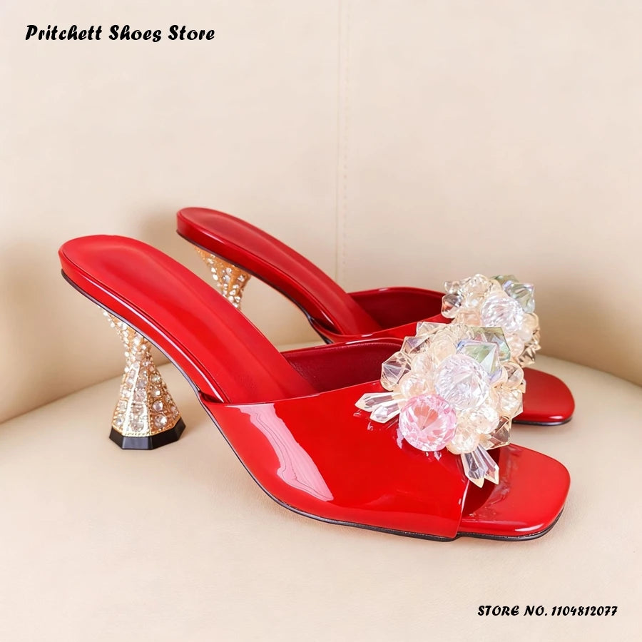 Sleek Patent Leather Square Open Toe Mules With Crystal Trim For Women
