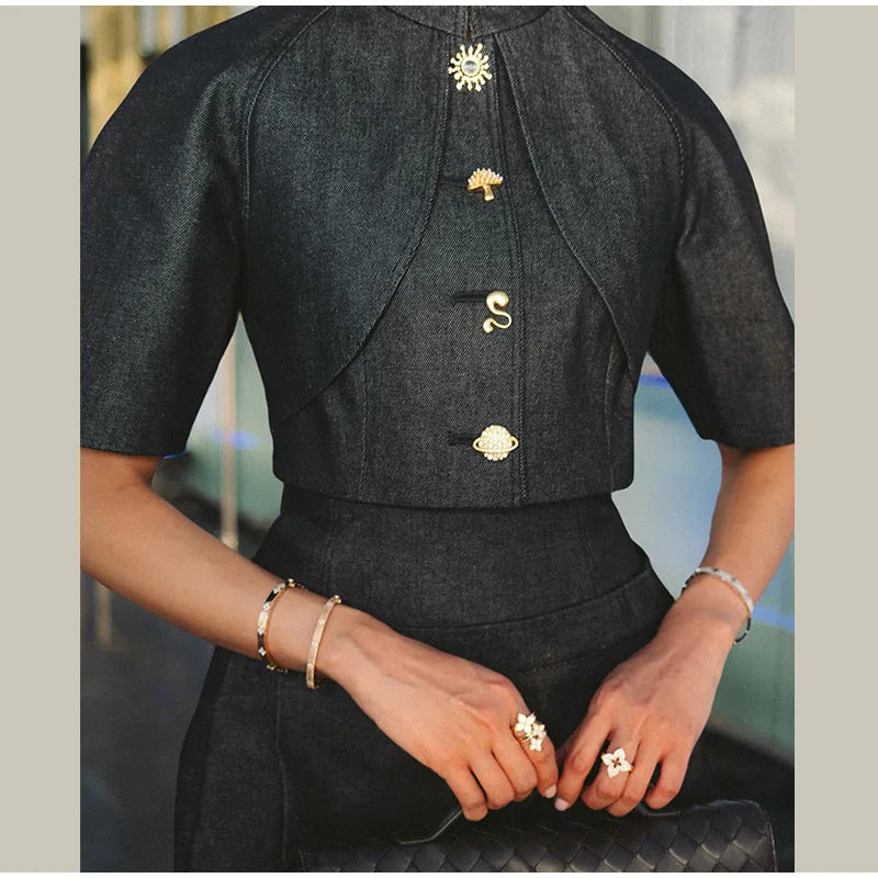 Single Button Denim Jacket With Wide Leg Pants For Women