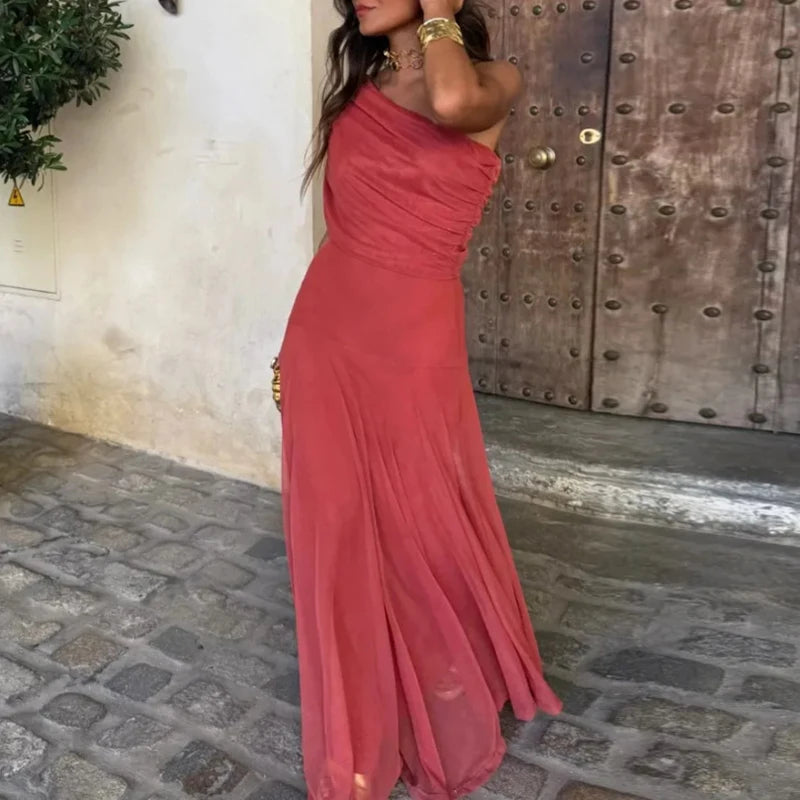 Elegant Sleeveless Mesh Spliced Maxi Dress for Women