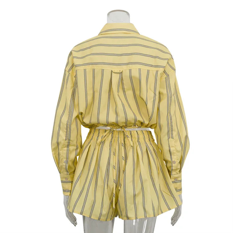 Long Sleeve Crop Top Striped Two Piece Shorts Set for Women