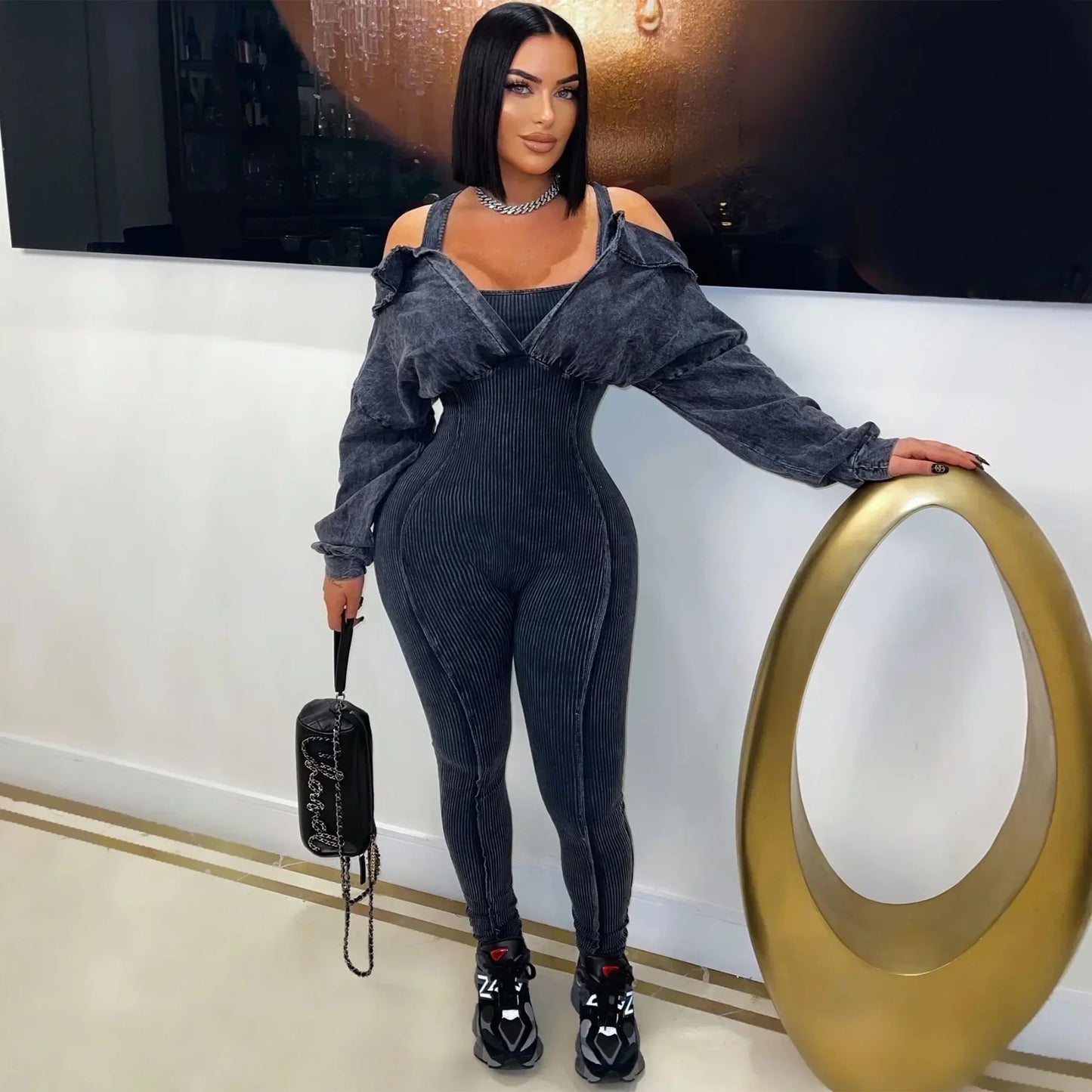 CM.YAYA Fashion Women Knit Ribbed Long Sleeve Moto Biker Jumpsuits Strap Autumn Washed Streetwear Slim One Piece Suit Romper