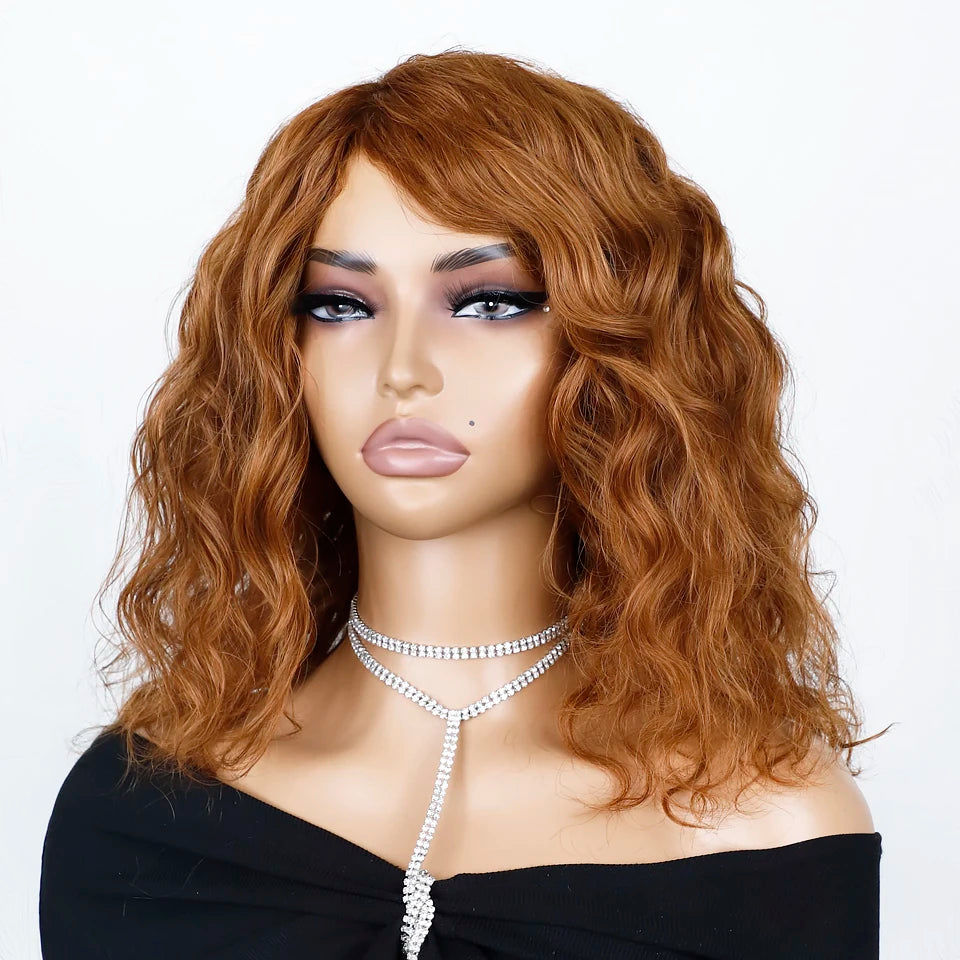 Natural Brown Pixie Cut Water Wave Human Hair Wig For Women