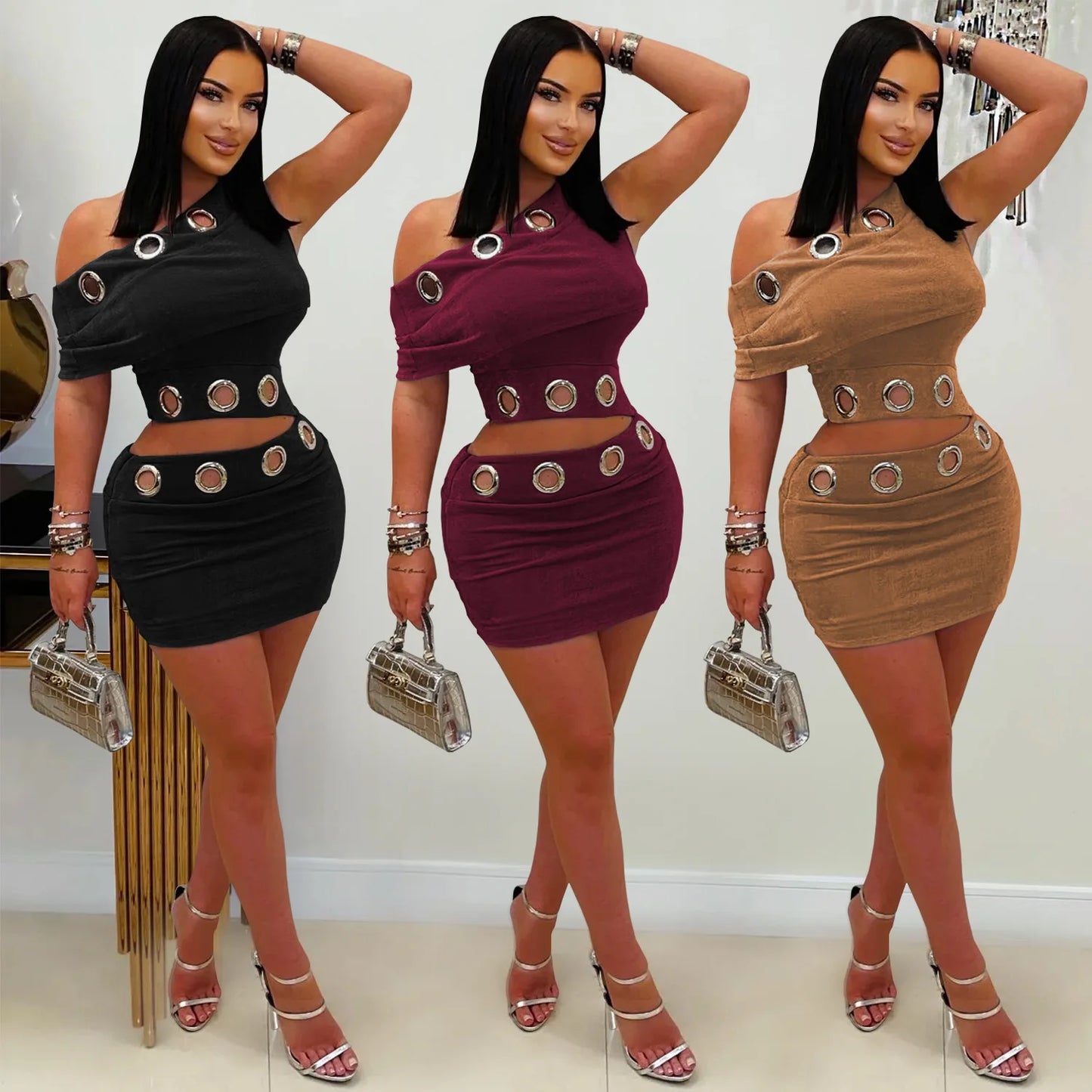 Hollow Out Skew Collar Crop Top and Skirt Two Piece Set for Women