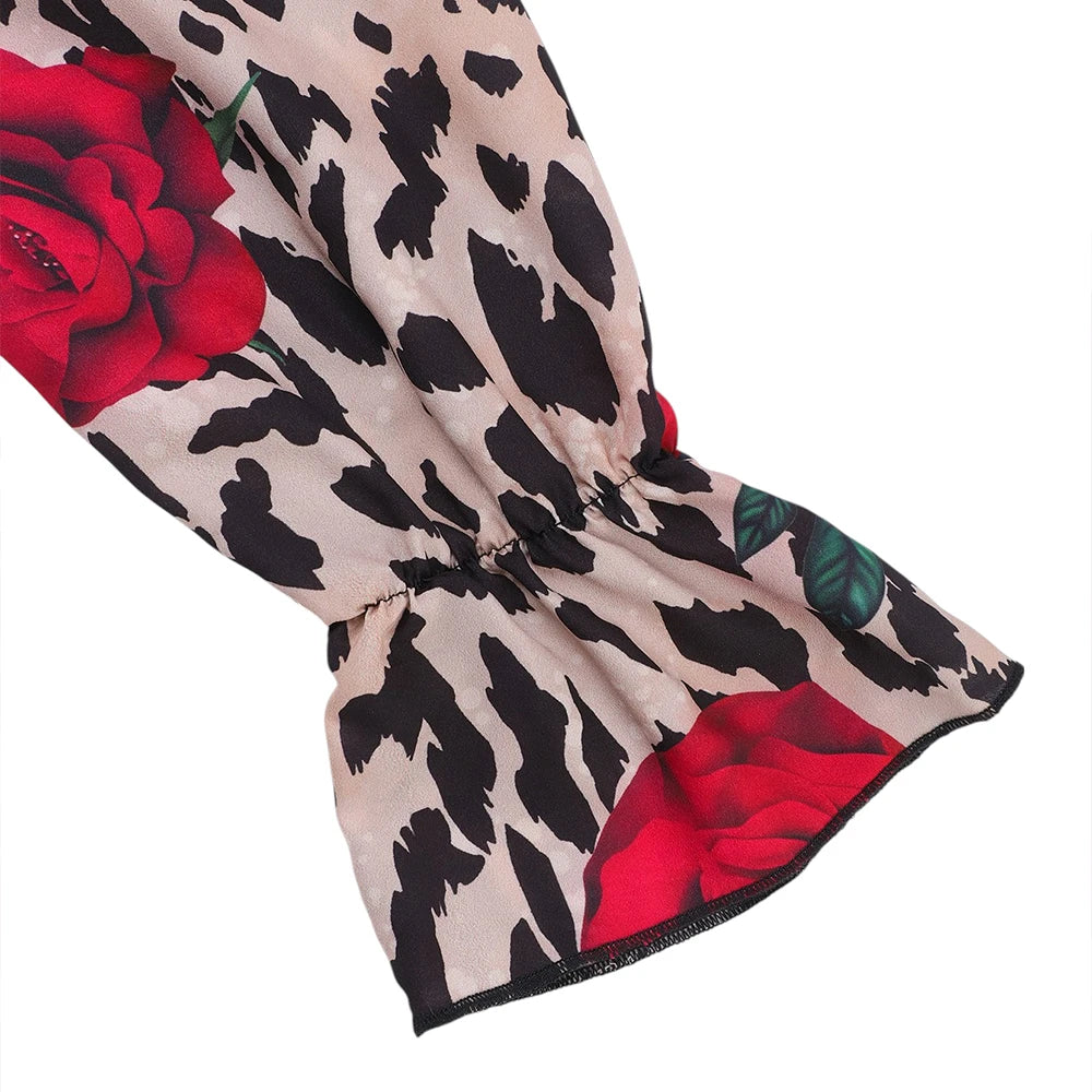 Women's Sexy Leopard Floral Printed Slash Neck Chiffon Blouse Autumn Spring Ladies Ruffle Casual Holiday Tops Size S-2XL