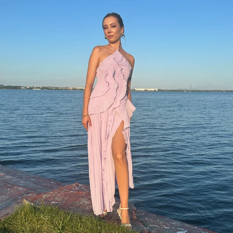 Chic Pleated Halter Neck Long Vacation Dress High Quality Purple Strapless Lotus Edge Maxi Dress 2025 New Lady Vacation Gown