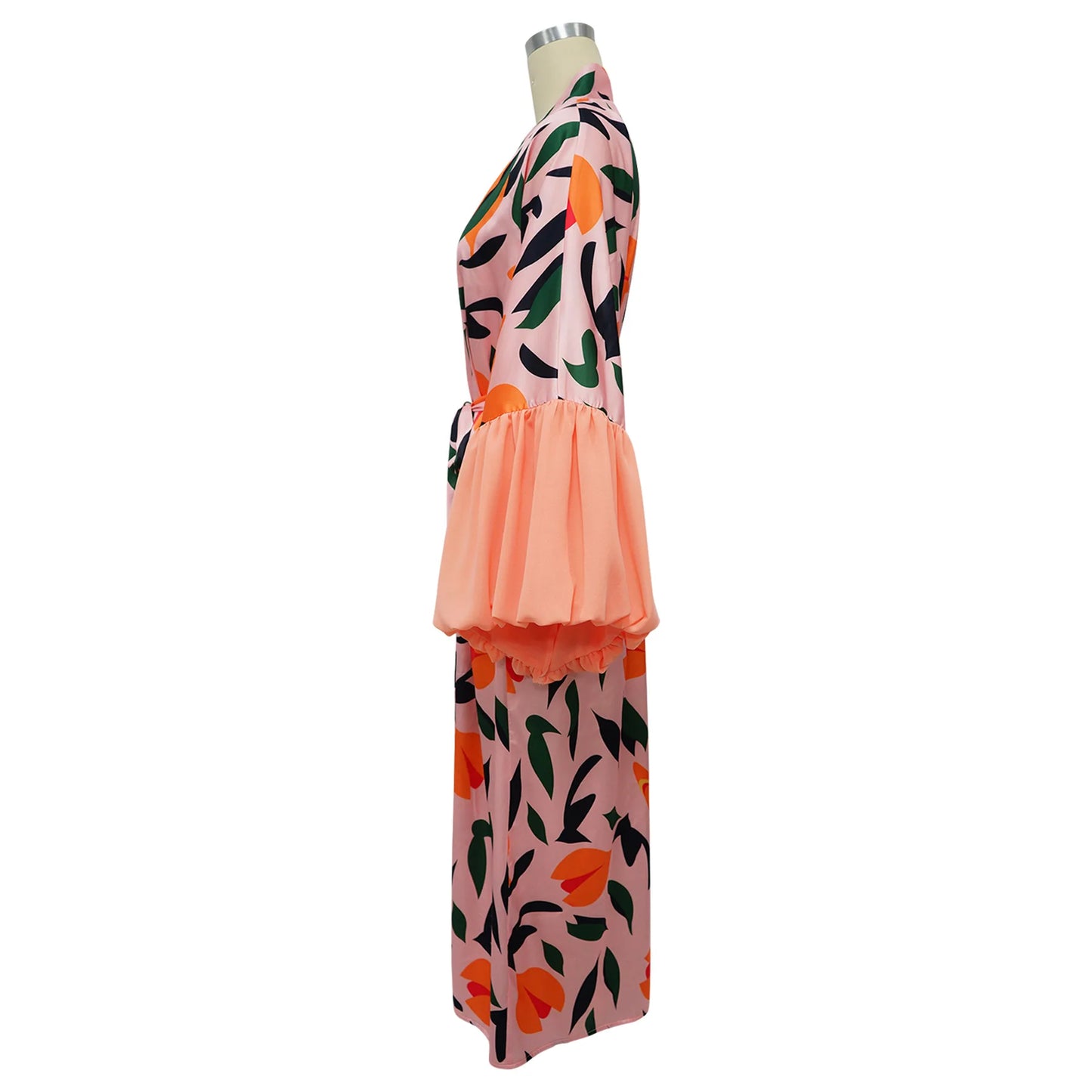 Vintage Floral Printed Chiffon Long Cardigan With Ruffle Sleeves for Women