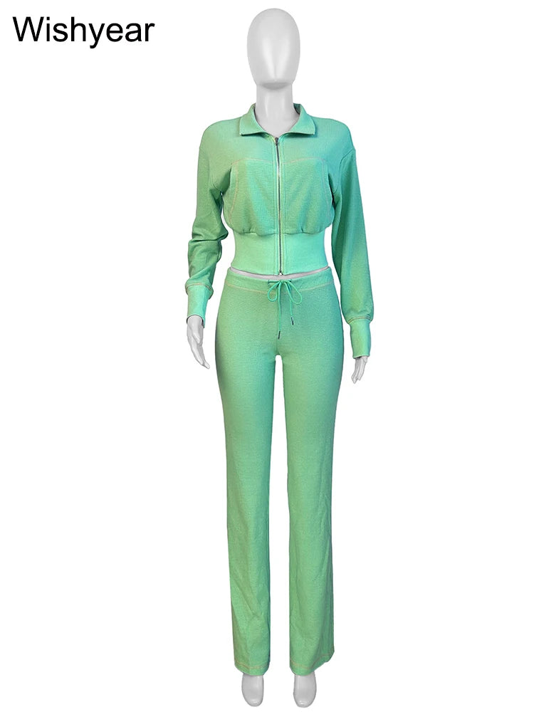 Waffle Knit Two Piece Flared Pants Tracksuit Set for Women