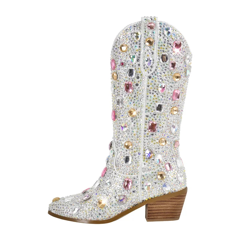 Rhinestone Knee High Cowgirl Boots With Chunky Heels for Women