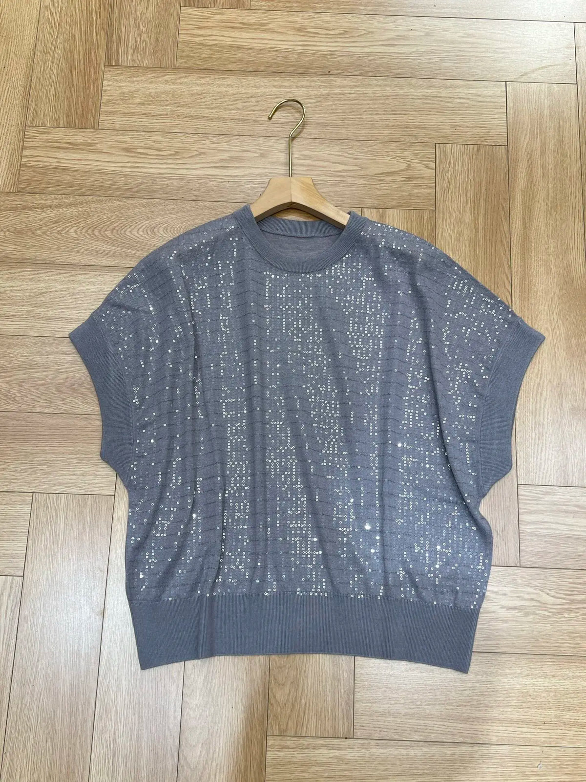 Loose Fit Sparkling Sequin Summer Knit Polo Top for Women