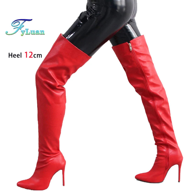 Fashion Leather Side Zipper Pointed Toe Stiletto Over The Knee Boots for Women