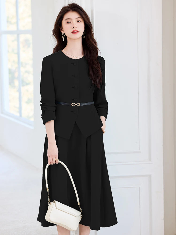 Fashion Women Formal Blazer Skirt Suit Ladies Blue Apricot Black Female Business Work Wear Two Piece Set For Autumn Winter