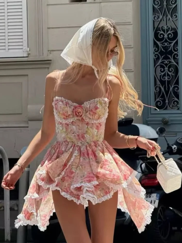 Floral Lace Up Sleeveless A Line Mini Dress for Women