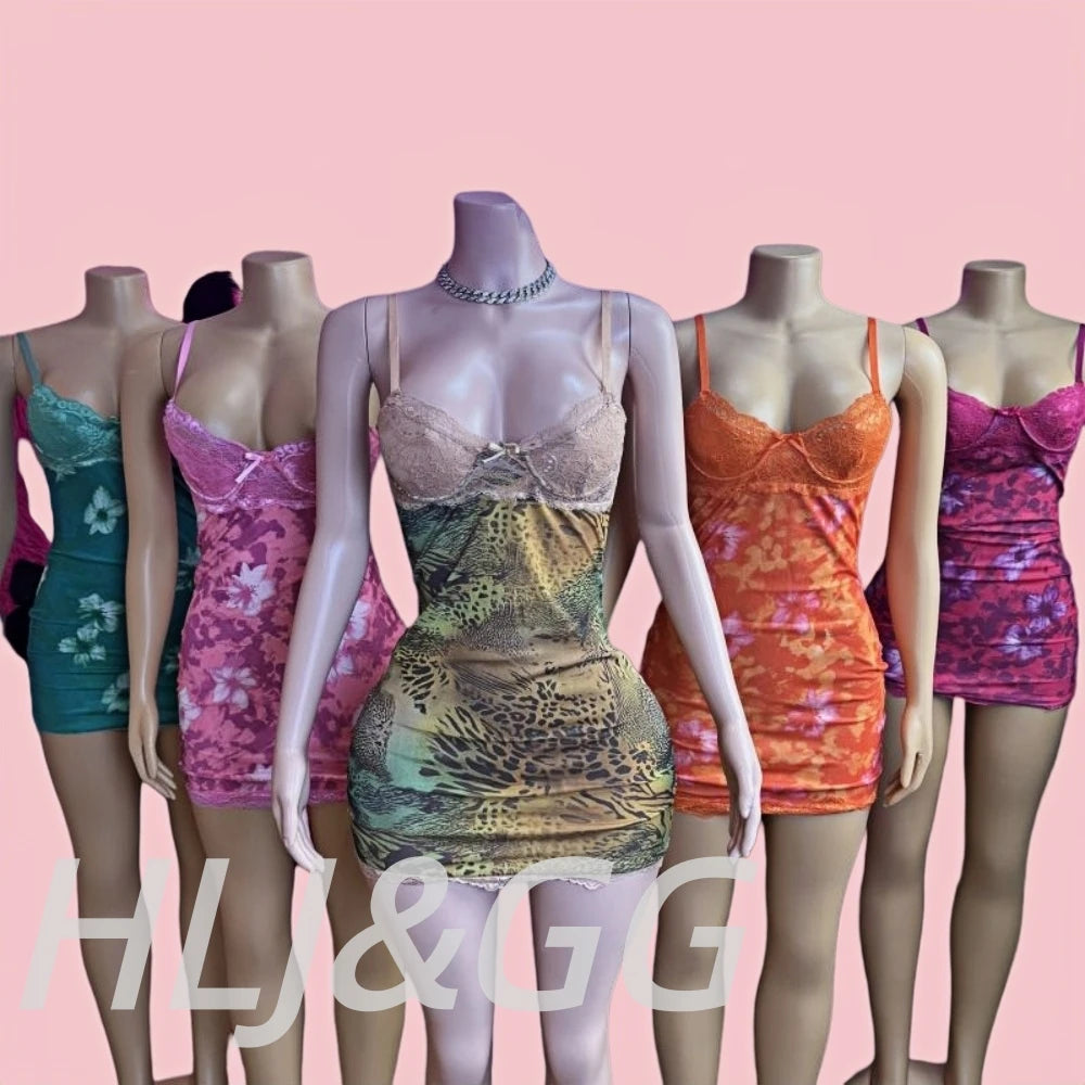 Leopard Print Lace Spaghetti Strap Bodycon Dress for Women