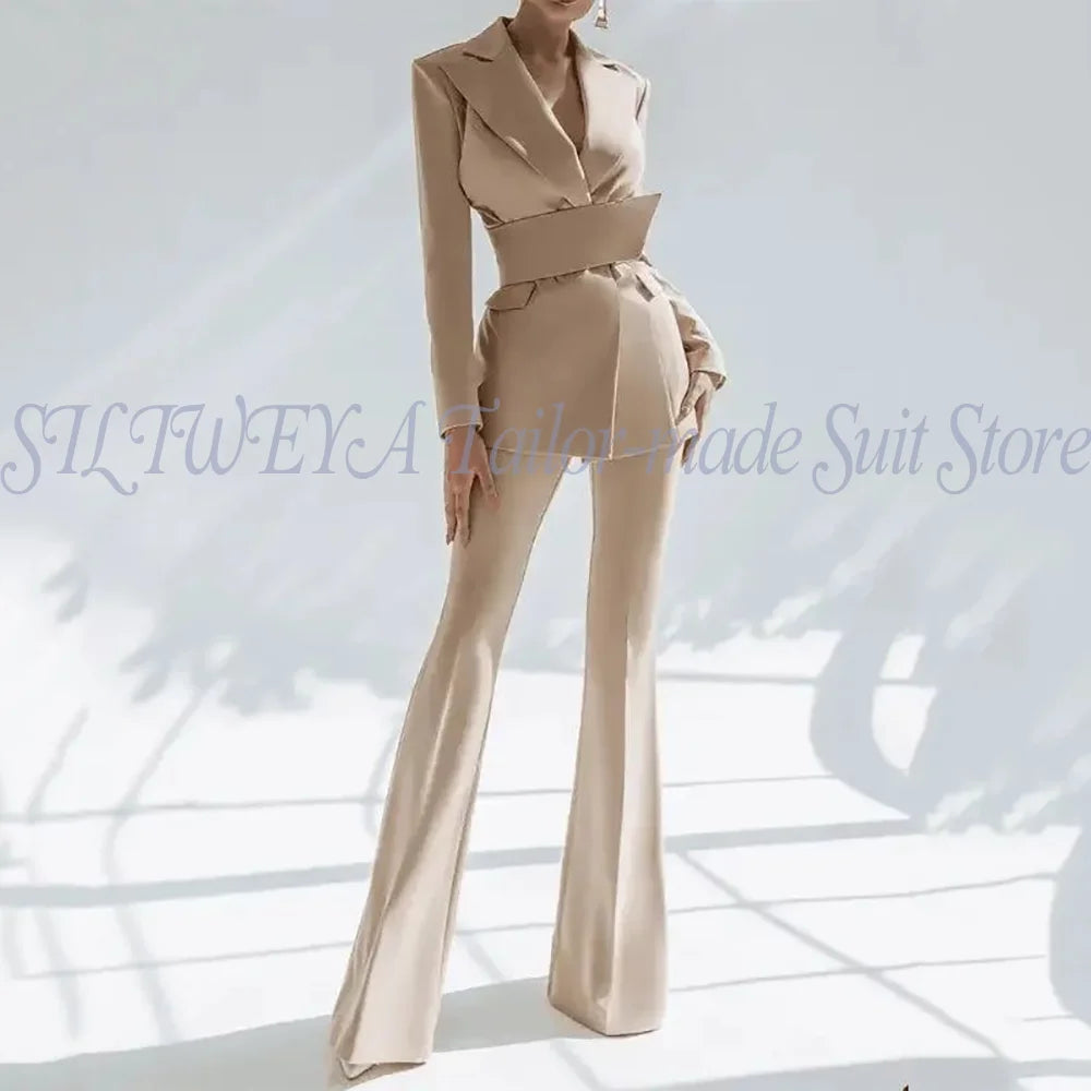 Elegant Notched Collar Slim Fit Pants Suit For Women