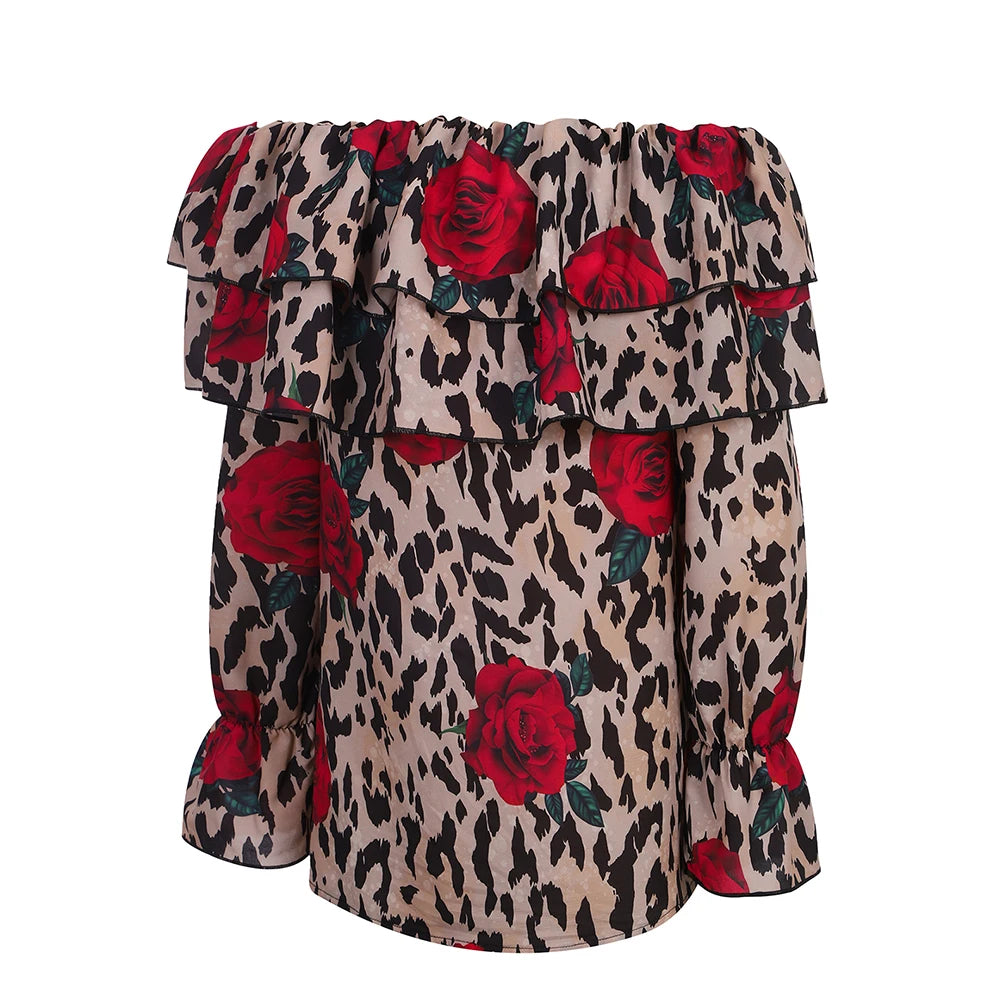 Women's Sexy Leopard Floral Printed Slash Neck Chiffon Blouse Autumn Spring Ladies Ruffle Casual Holiday Tops Size S-2XL