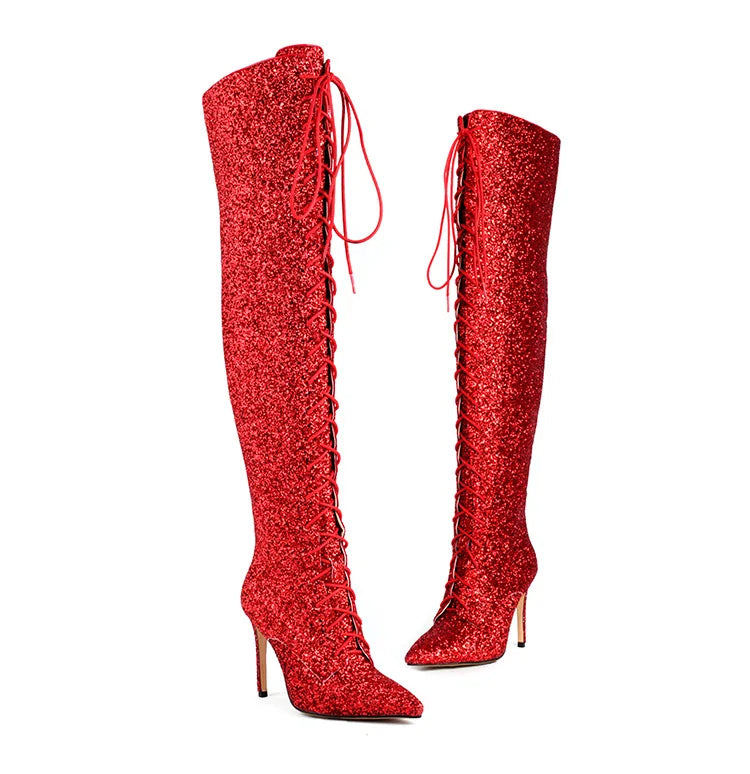 Shiny Sequined Over The Knee High Heel Boots for Women