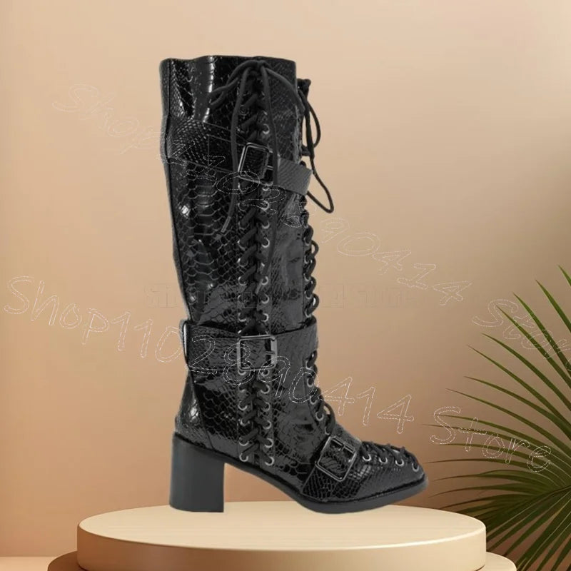 Premium Black Alligator Print Chunky Heel Boots For Women