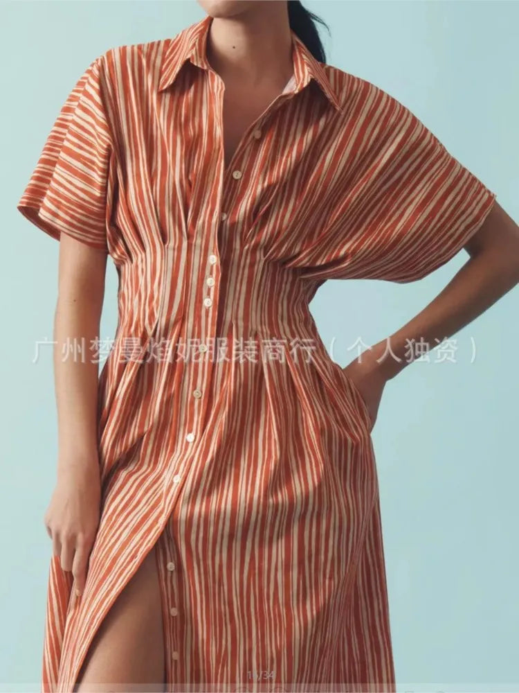 Elegant Striped Print Waist-Hugging A-Line Midi Dress for Women