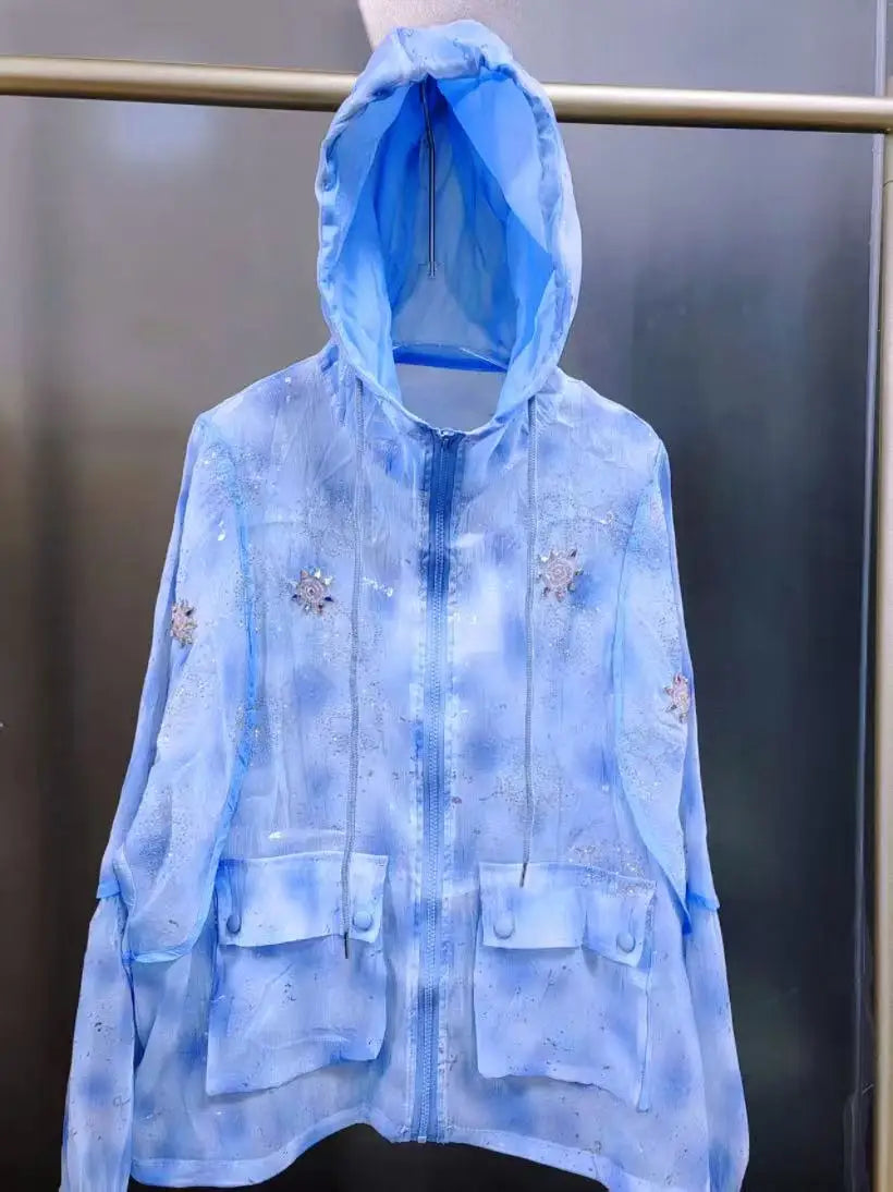 Blue Embellished Hooded Zipper Lightweight Shirt for Women