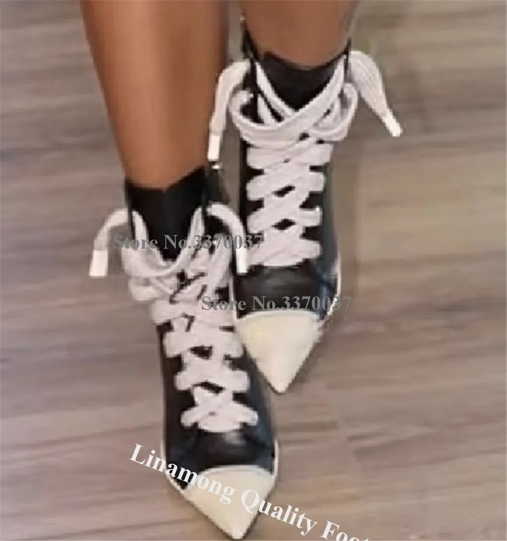 Patchwork Leather Pointed Toe Stiletto Ankle Boots for Women