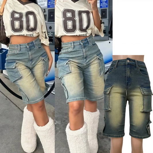 FAGADOER Retro Fashion Denim Shorts Women Washed Cargo pocket patchwork elasticity Straight leg jeans Female Streetwear Bottoms