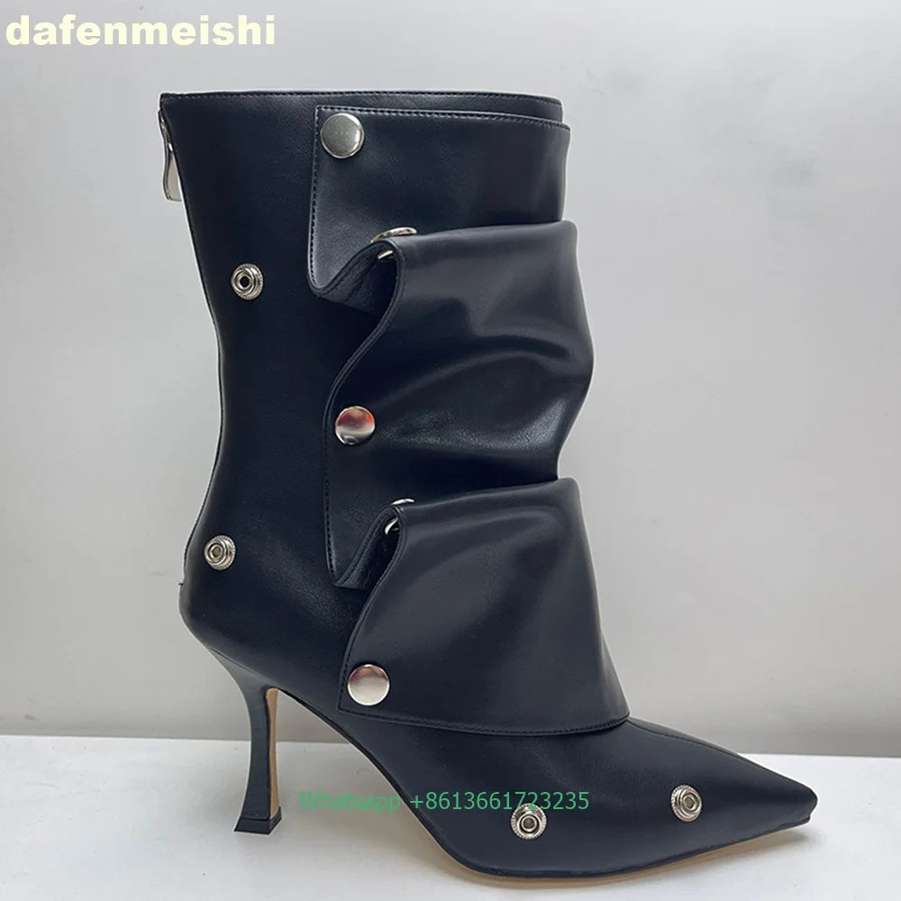 Pleated Stiletto Pointed Toe Leather Ankle Boots With Rivet Buckle For Women