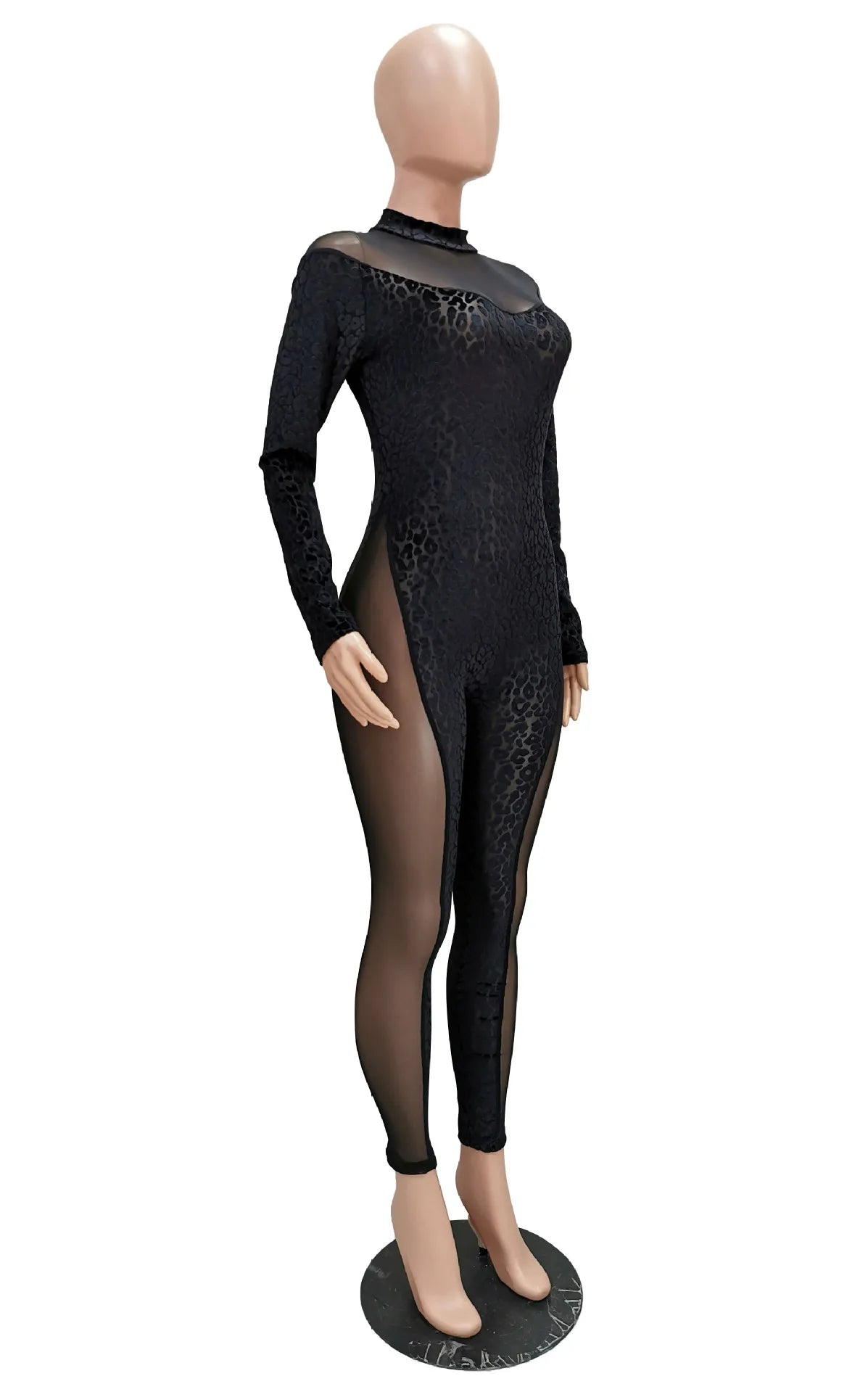 Sheer Leopard Mesh Jumpsuit With Long Sleeves for Women