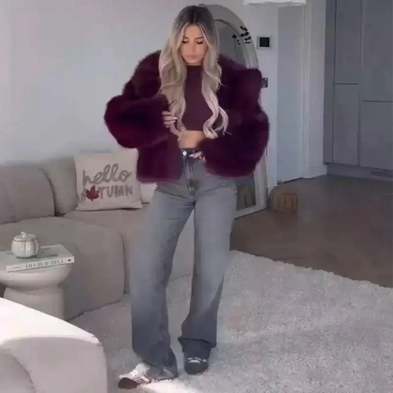 Burgundy Faux Fur Coat Vintage Long Sleeve Furry Warm Jacket Casual Fashion Women Coats 2025 Autumn High Street Lady Outerwear