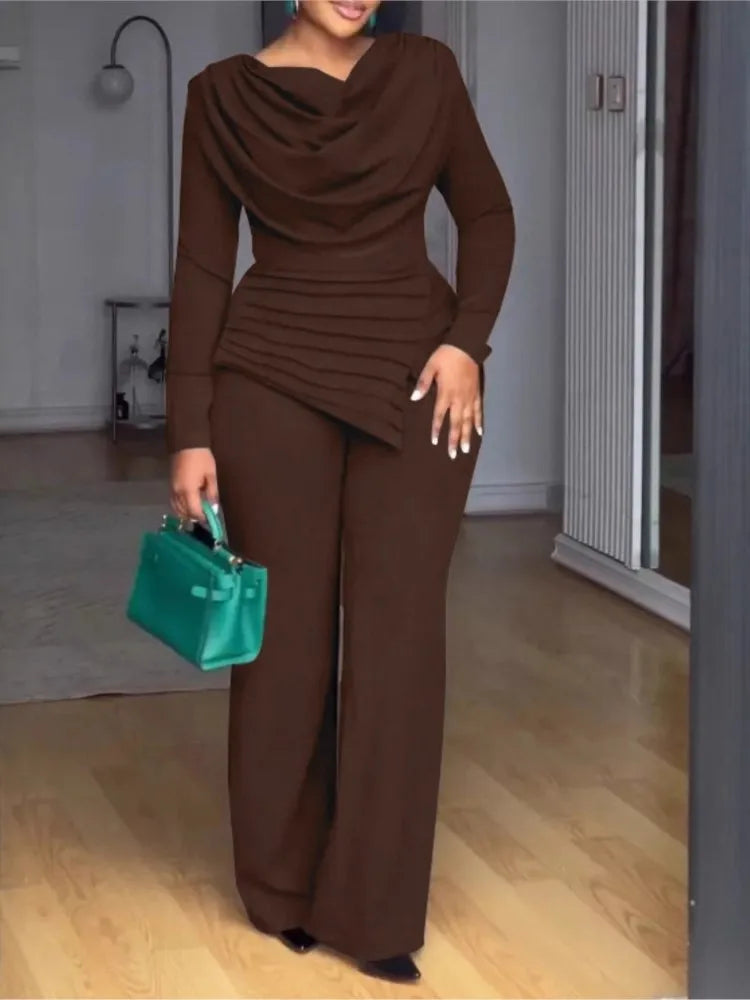 Casual Pile Collar Two Piece Wide Leg Pants Set for Women