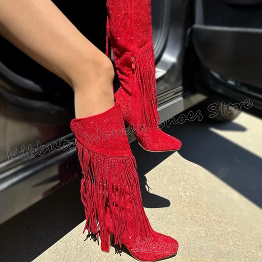 Crystal Knee High Boots Glossy Pointy Chunky Heels Luxury Novelty Elegant Concise Sexy Fashion Luxury Women Shoes Newest Slip-On